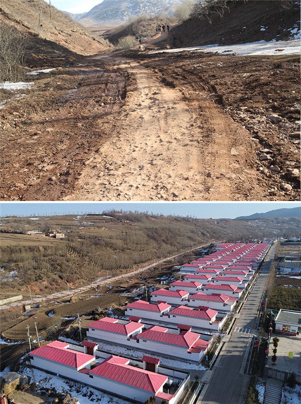 上图为2013年3月4日在渭源县元古堆村拍摄的乡道（新华社发 吴鲁摄）；下图为2021年2月6日在渭源县元古堆村拍摄的乡村道路和易地扶贫搬迁点（新华社记者 马希平 摄）